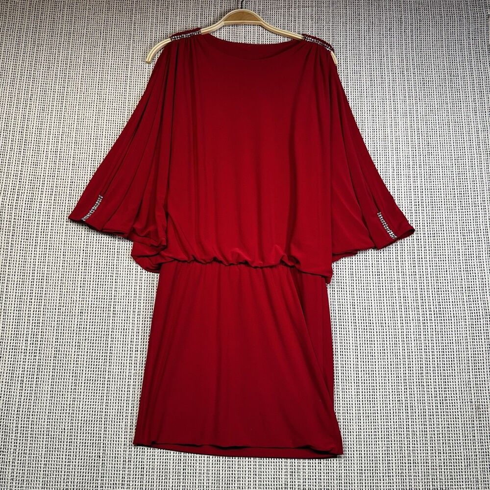 Vintage 80s Caché Red Cape Dress S Rhinestone Batwing Cocktail Made USA
